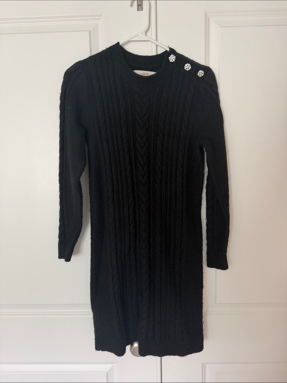 LOFT Black Cable-Knit Button-Shoulder Sweater Dress